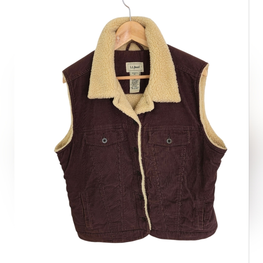 L.L. Bean Vintage Womens Sherpa Fleece Lined Corduroy Vest Brown Buttons Size XL